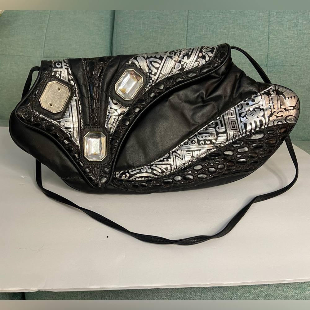 Vintage Black Rhinestone Purse Noble Handbags Genuine leather